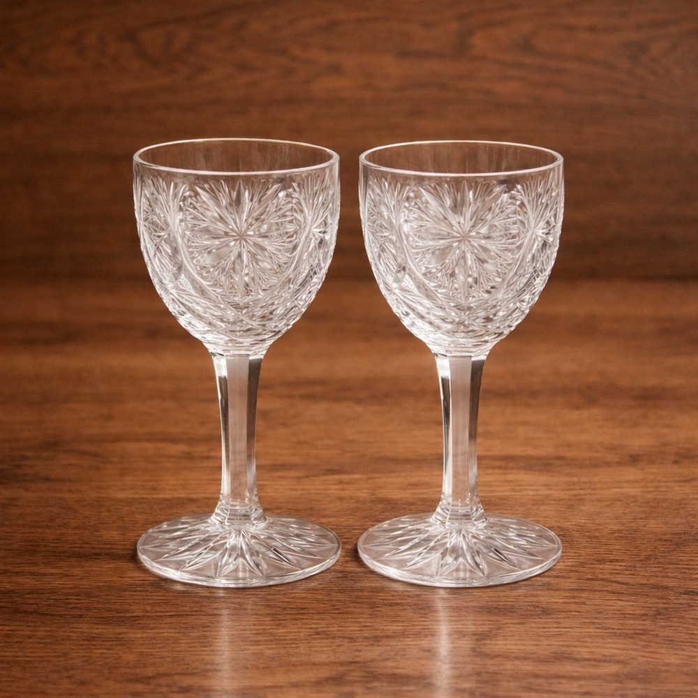 Set of 2 Etched Cut Style 5" Champagne Flutes Starburst‎ Stemmed Glasses